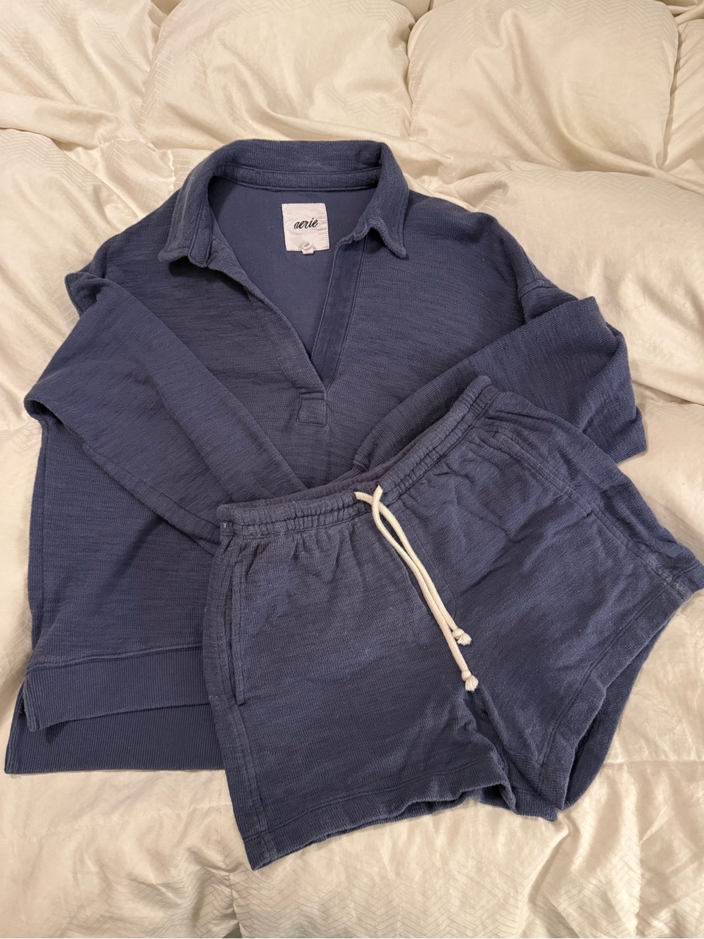 aerie Blue Collared Pullover and shorts Lounge Set